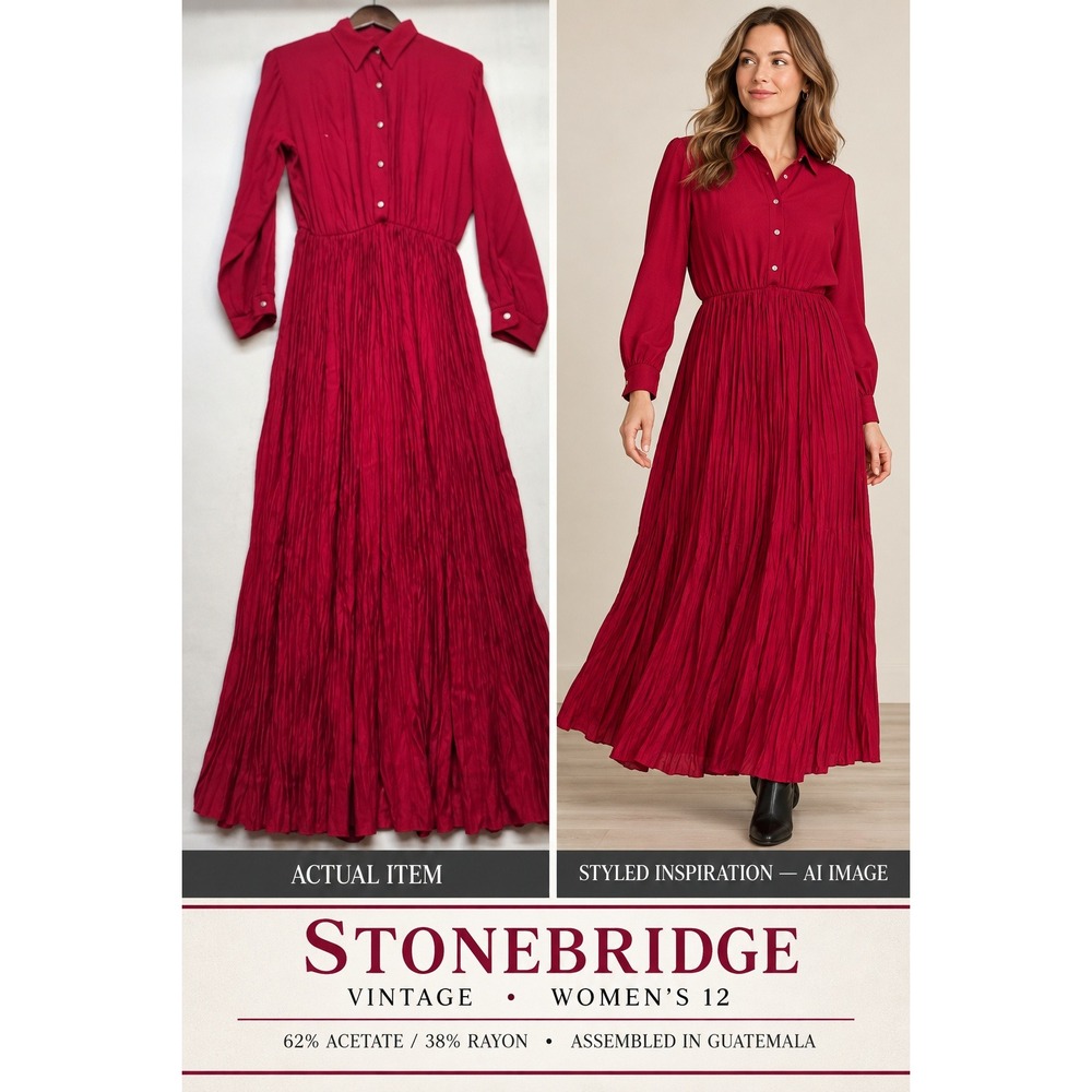 Vtg 90s Stonebridge Red Pleated Maxi Prairie Whimsigoth Cottagecore Dress (12)